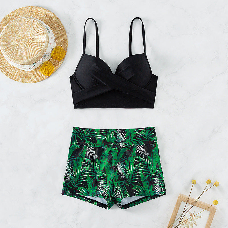 Wholesale Large Size High Waist Belly Covering Boxer Swim Trunks Split Bikini Swimsuit